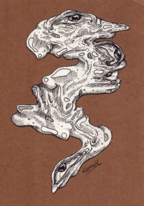 Artystyczny rysunek wielu oczu w organicznej masie, grafika surrealistyczna autorstwa Kosmall Fundacji Ulga.