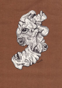 Artystyczny rysunek wielu oczu w organicznej masie, grafika surrealistyczna autorstwa Kosmall Fundacji Ulga.