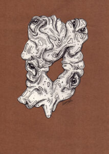 Artystyczny rysunek wielu oczu w organicznej masie, grafika surrealistyczna autorstwa Kosmall Fundacji Ulga.