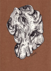 Artystyczny rysunek wielu oczu w organicznej masie, grafika surrealistyczna autorstwa Kosmall dla Fundacji Ulga.