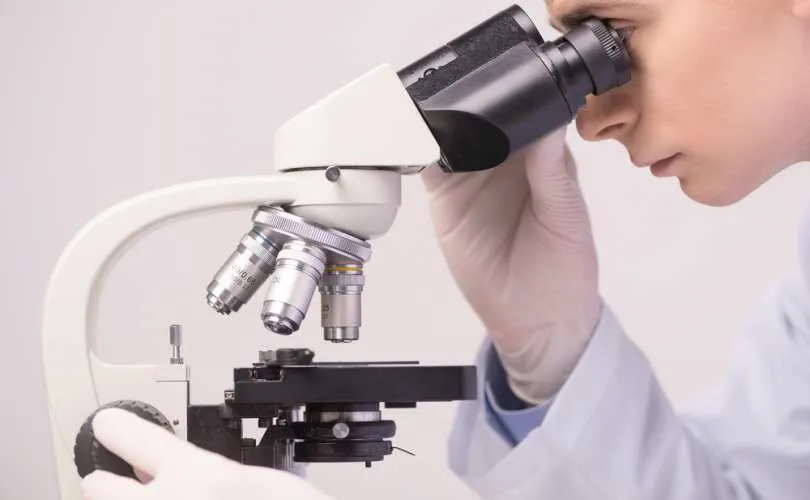 Lekarz patomorfolog analizujący preparat za pomocą mikroskopu